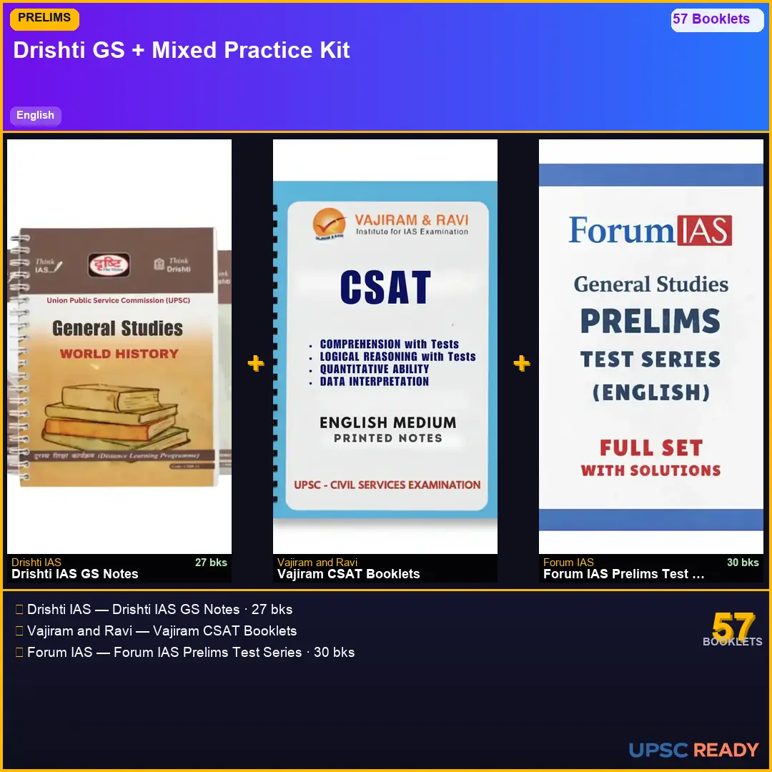 Drishti IAS Prelims Kit 2026-27 | GS 27bk + Vajiram CSAT + Forum IAS Prelims TS | English